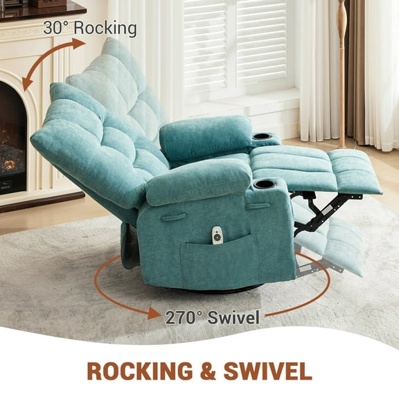 Manual Recliner Chair, Swivel Rocker Recliner Chair with Massage and Heat, Ergonomic Lounge Chair with Side Pocket, USB Port, Cup Holders, Living Room Single Sofa Seat, Blue