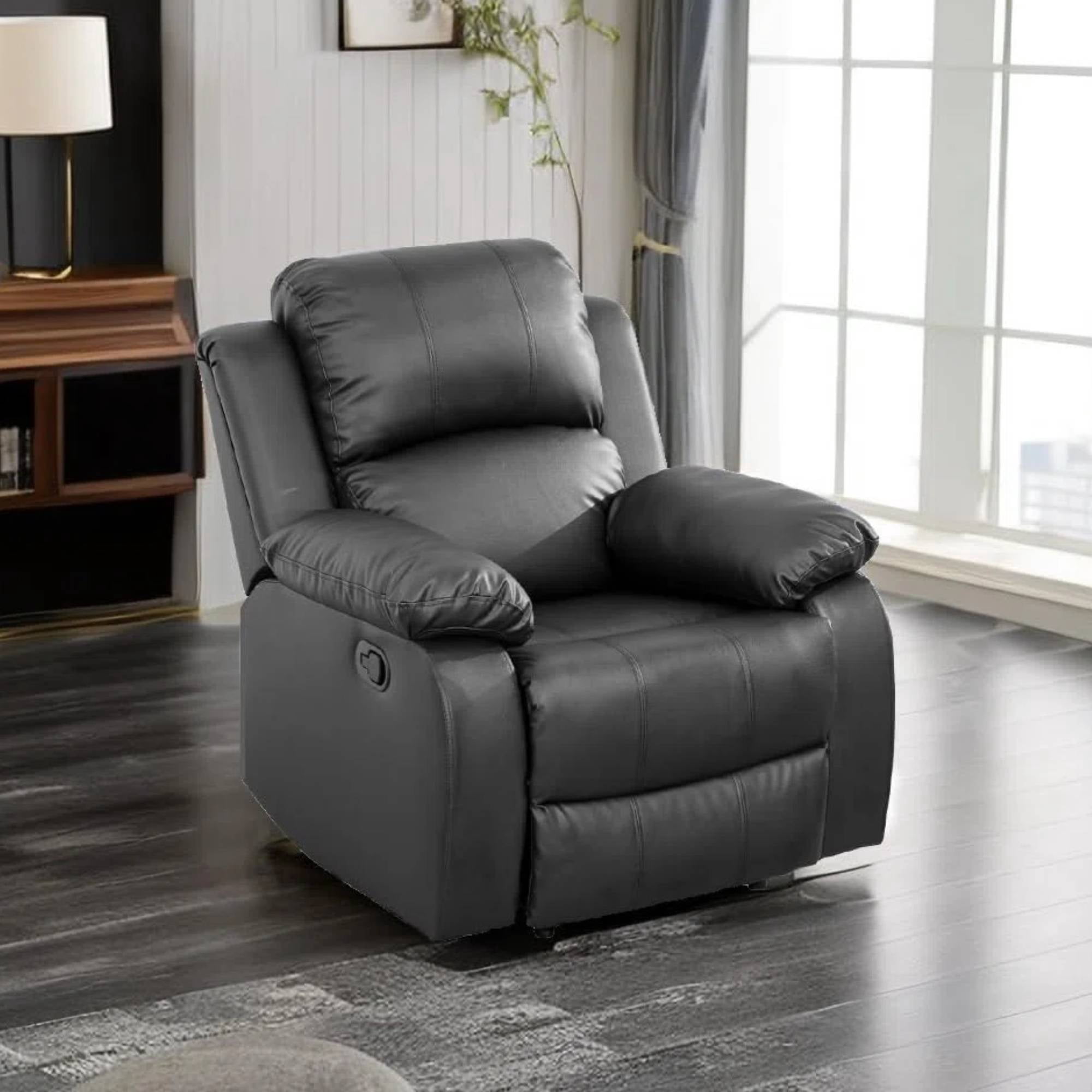 Manual Recliner Chair with Overstuffed Arm, Modern PU Leather Reclining Sofa Chair for Adults, Living Room, Black