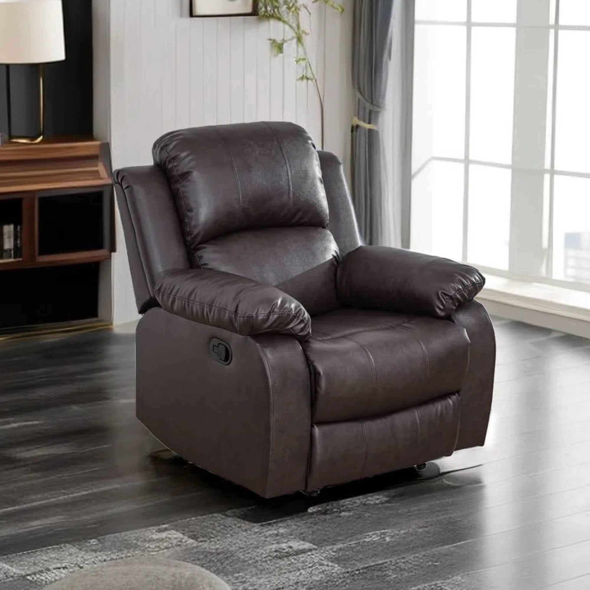 Manual Recliner Chair with Overstuffed Arm,Modern PU Leather Reclining Sofa Chair for Adults, Living Room, Brown