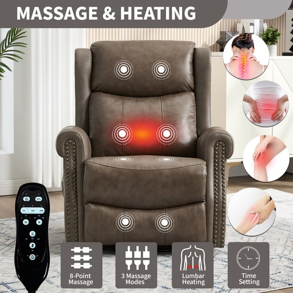 Manual Recliner with Heat and Massage, Swiveling Rocker with 8 Vibration Points, Leather Living Room Chair, Perfect for Mother's Day, Father's Day, Christmas and Thanksgiving, Brown