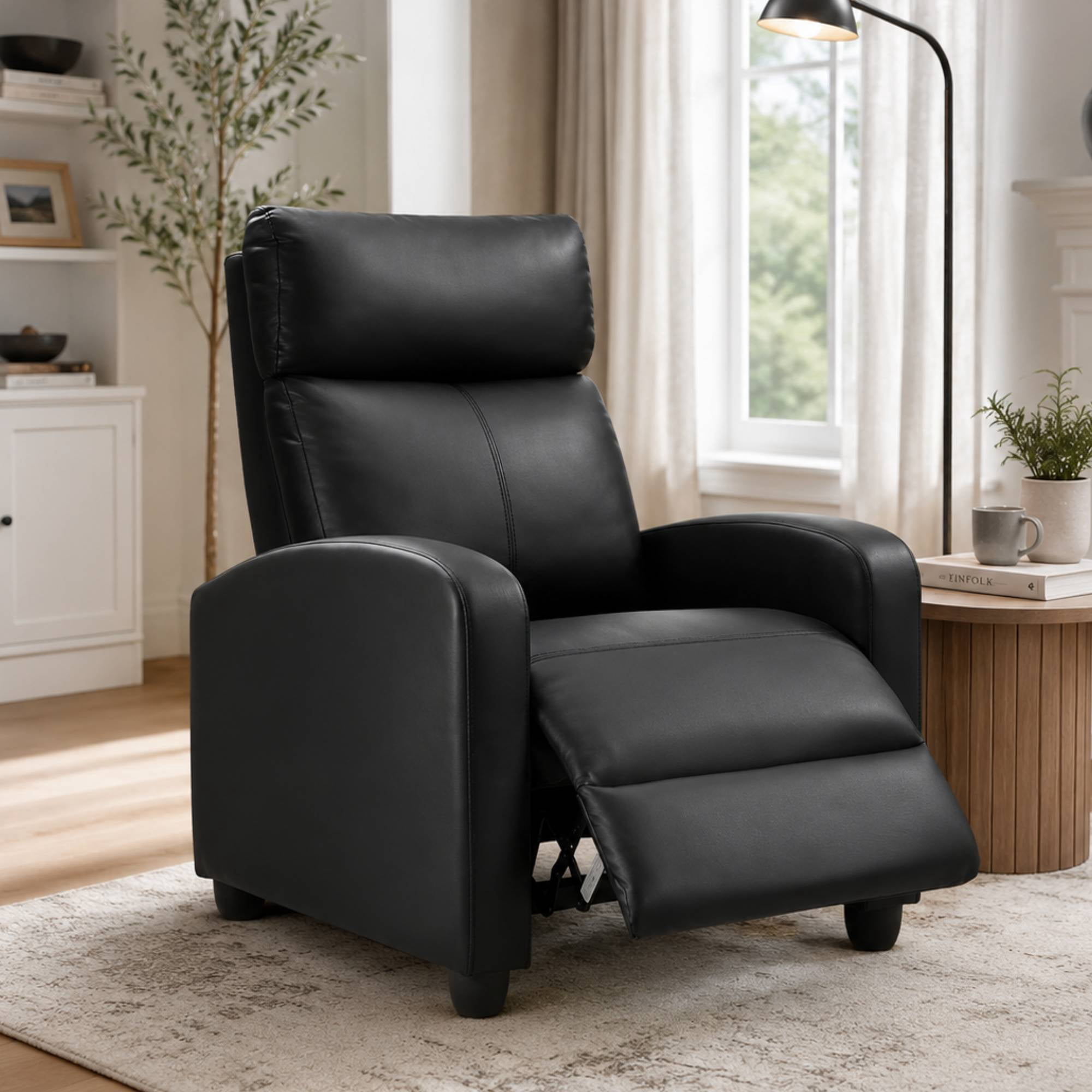 Manual Recliner Leather Reclining Sofa Chair with Footrest, Overstuffed Push Back Reline Chair, Lumbar Support Home Theater for Living Room, Black
