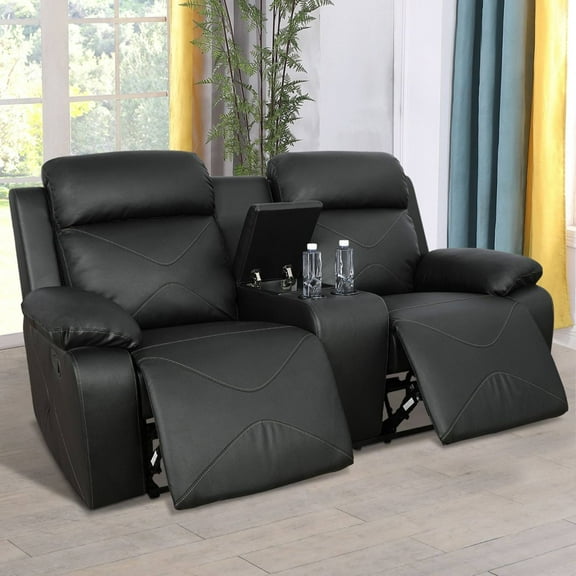 Manual Recliner Loveseat Chair for Adults, Upholstered Breathing Leather 2 Seat Reclining Sofa Chair for Living Room, Black