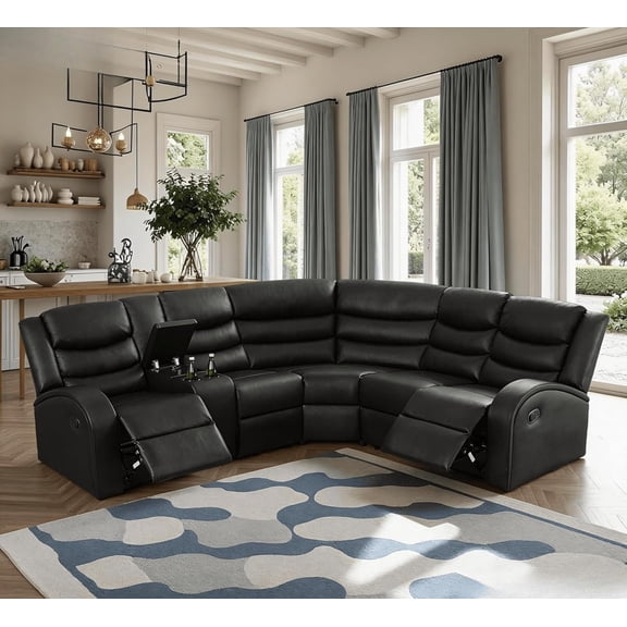Manual Recliner Sectional with Loveseat Set, L-Shaped Reclining Couch, Faux Leather Sectional Sofa for Living Room, Black Couch Set with Storage/Cup Holder (Black Sectional)