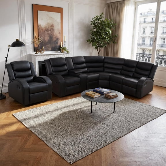 Manual Recliner Sectional Sofa with Chair Set, L-Shaped Reclining Couch, Faux Leather Sectional Set for Living Room, Black Couch Set with Storage/Cup Holder (Sectional+Chair)