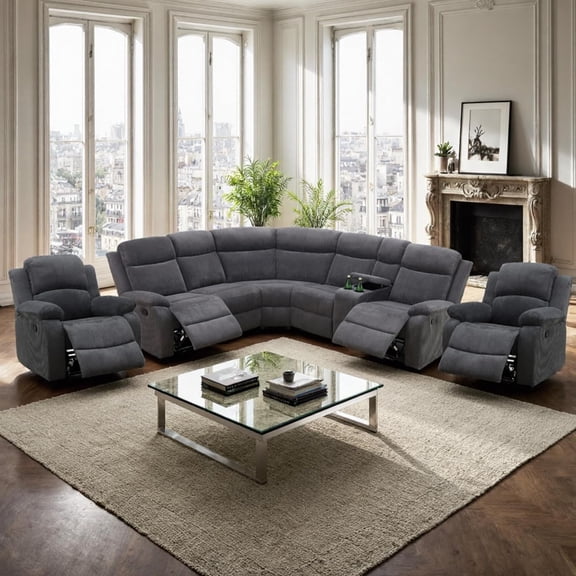 Manual Recliner Sectional Sofa, L-Shaped Reclining Couch, Living Room Furniture Set, Corner Sectional Couch Set with Storage/Cup Holder (Dark Grey, Sectional+2 Chairs)