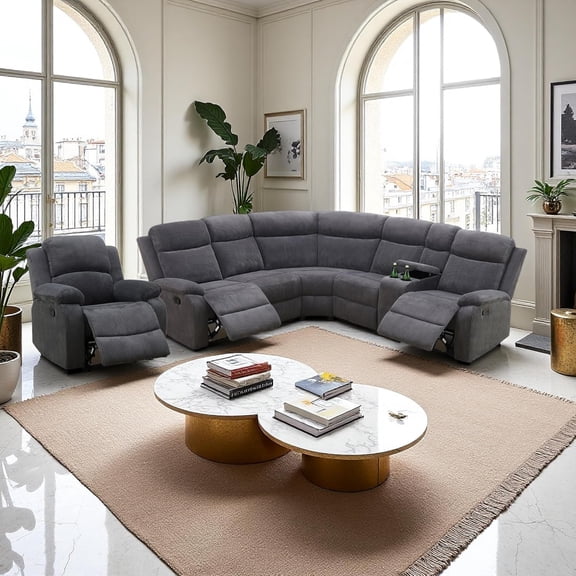 Manual Recliner Sectional Sofa, L-Shaped Reclining Couch, Living Room Furniture Set, Corner Sectional Couch Set with Storage/Cup Holder (Dark Grey, Sectional+Chair)