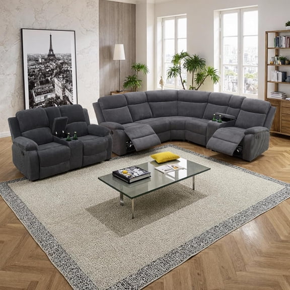 Manual Recliner Sectional Sofa, L-Shaped Reclining Couch, Living Room Furniture Set, Corner Sectional Couch Set with Storage/Cup Holder (Dark Grey, Sectional+Loveseat)