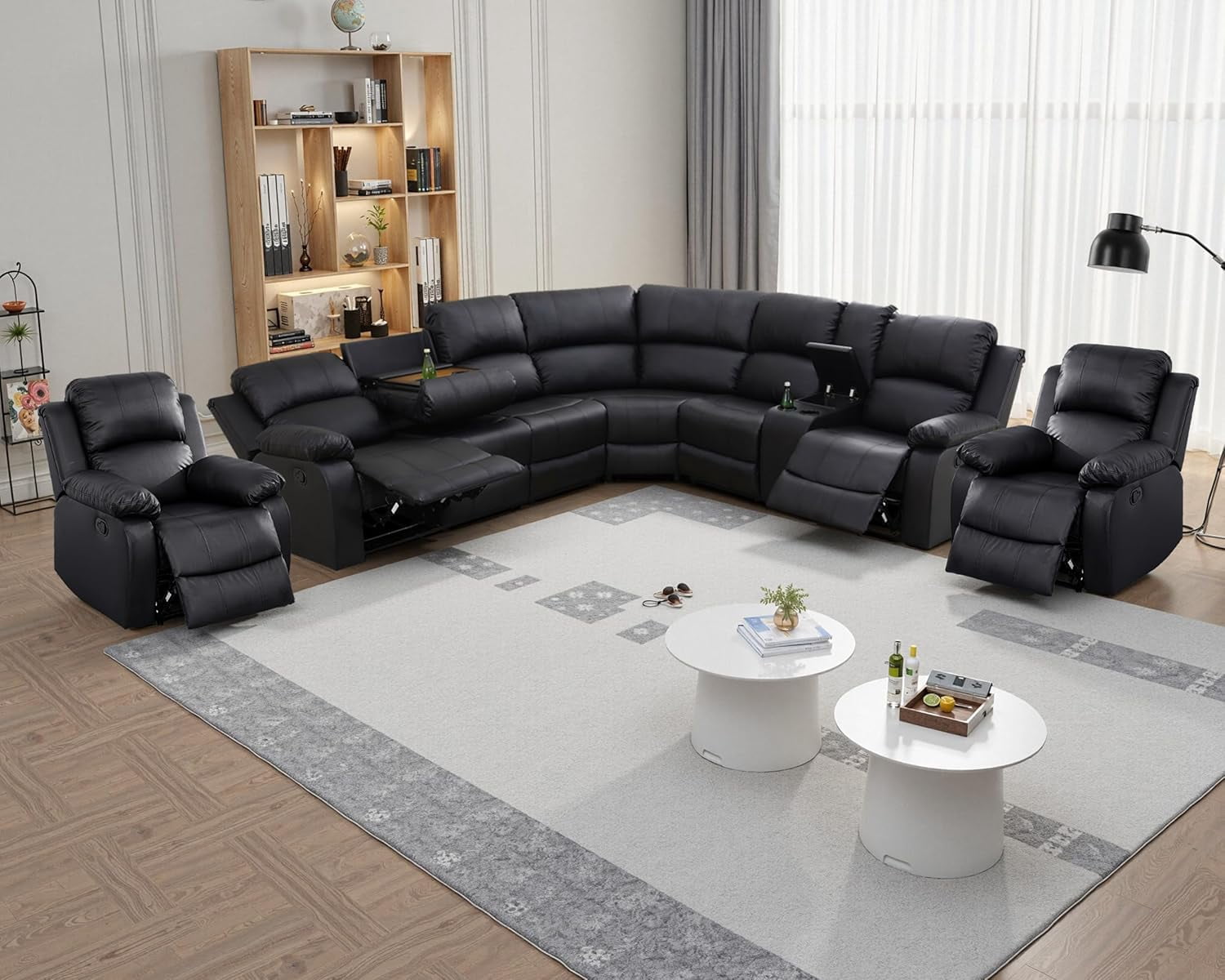 View of Manual Recliner Sectional Sofa Set, Bonded Leather L-Shaped Living Room ...