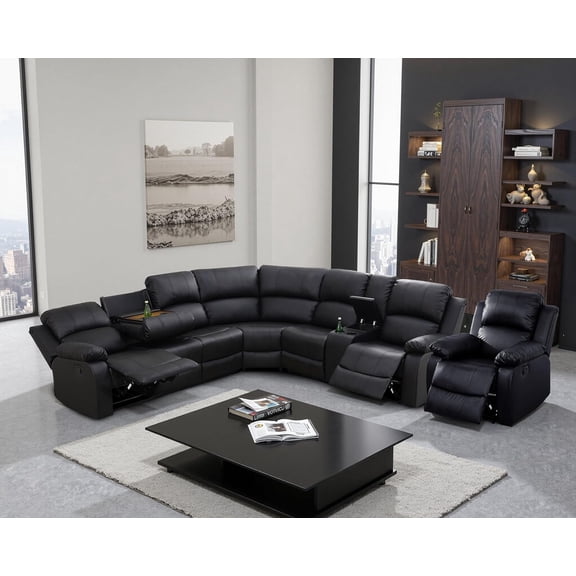 Manual Recliner Sectional Sofa Set, Bonded Leather L-Shaped Living Room Furniture Sets, Reclining Sectional Corner Couch and Recliner Chair Set for Home Office (Black, Sectional + Chair)