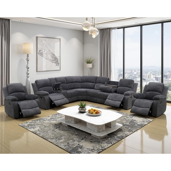 Manual Recliner Sectional Sofa Set, Corduroy L-Shaped Living Room Furniture Sets, Reclining Sectional Corner Couch and 2 Reclining Chairs Set for Home Office (Dark Grey, Sectional + 2 Chairs)