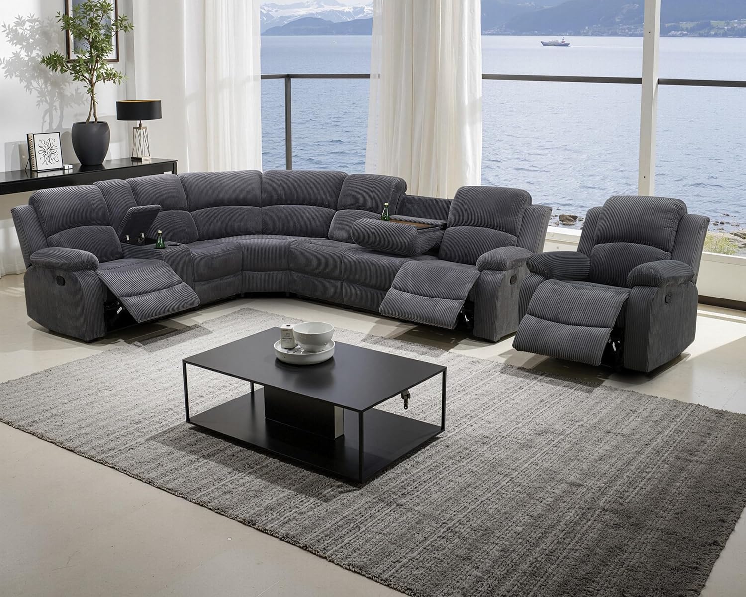 View of Manual Recliner Sectional Sofa Set, Corduroy L-Shaped Living Room ...