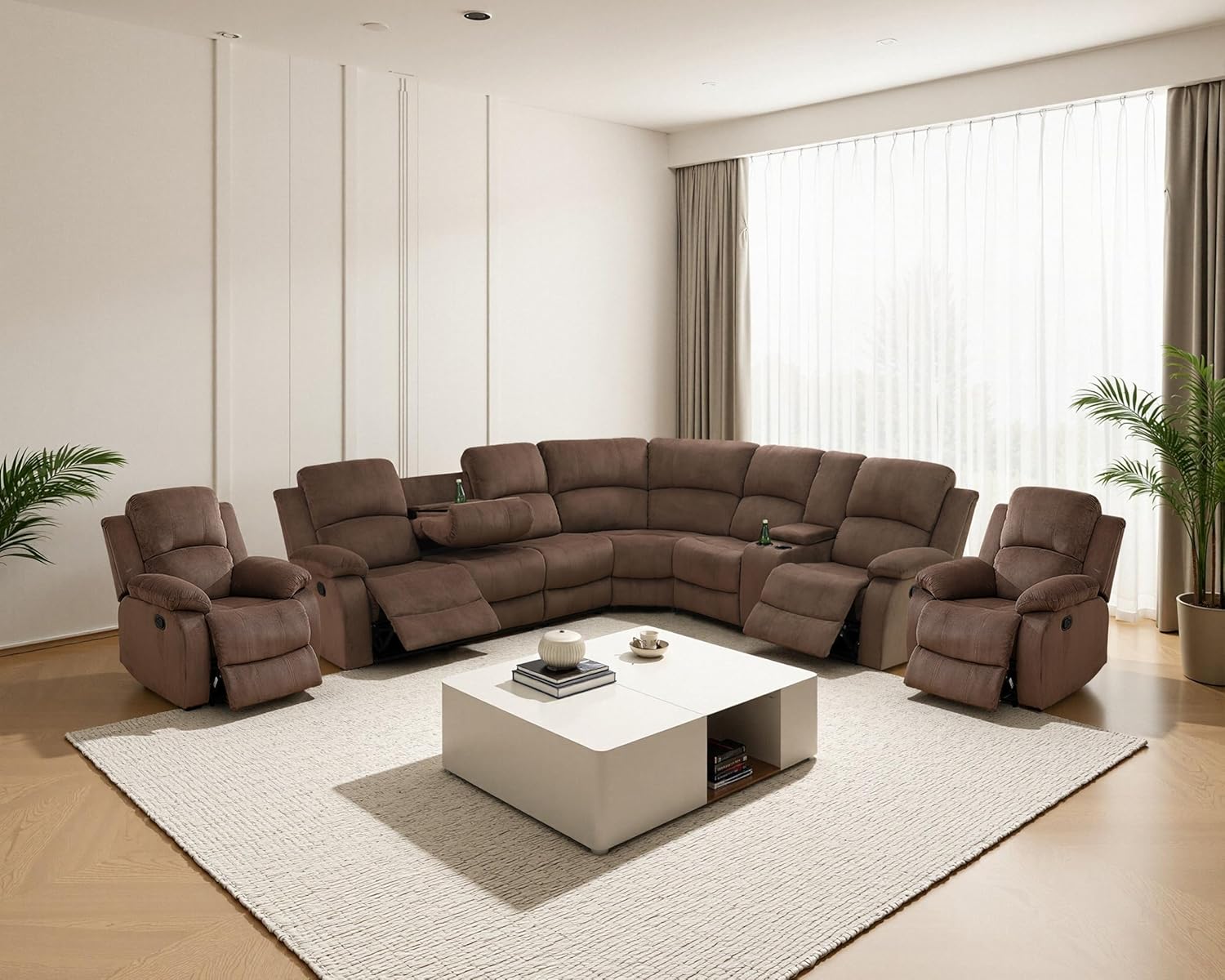 View of Manual Recliner Sectional Sofa Set, Fabric L-Shaped Living Room ...