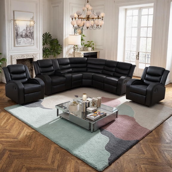 Manual Recliner Sectional Sofa Set, L-Shaped Reclining Couch, Faux Leather Sectional Set for Living Room, Black Couch Set with Storage/Cup Holder (Sectional+2 Chairs)