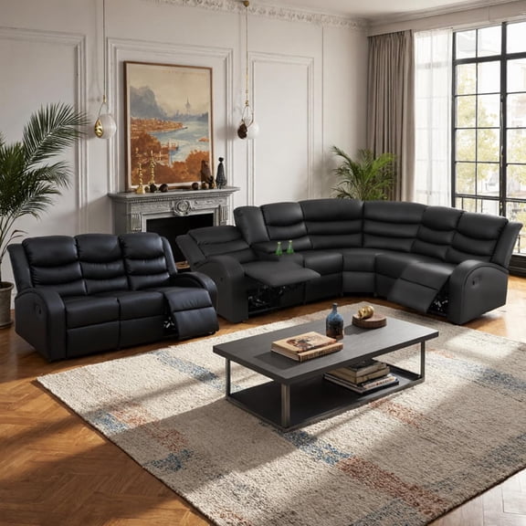 Manual Recliner Sectional with Sofa Set, L-Shaped Reclining Couch, Faux Leather Sectional Set for Living Room, Black Couch Set with Storage/Cup Holder (Sectional+Sofa)