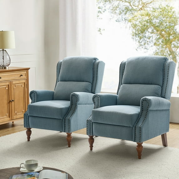 Manual Recliner Set of 2 Wingback Roll Armrest Nailhead Wood Leg Home Living Room Blue