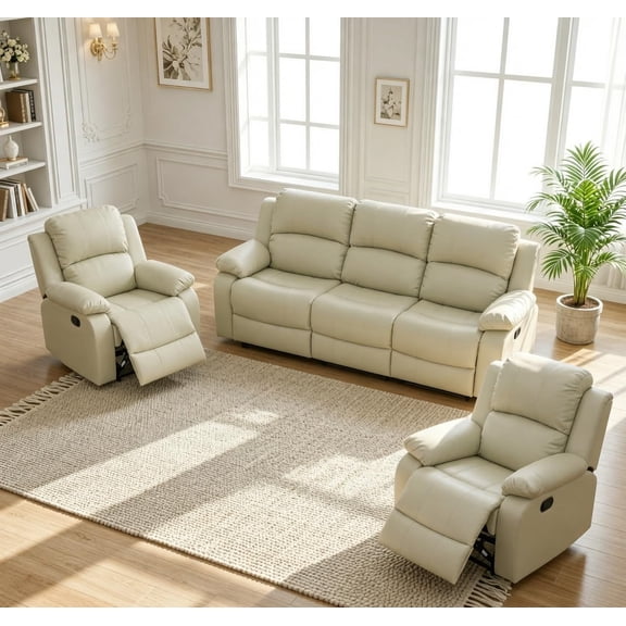 Manual Recliner Sofa Set, Bonded Leather Modern Living Room Furniture Sets, Reclining Couches with Drop-Down Table/Cup Holders for Home Bedroom Office Apartment (Beige, Sofa+2 Chairs)