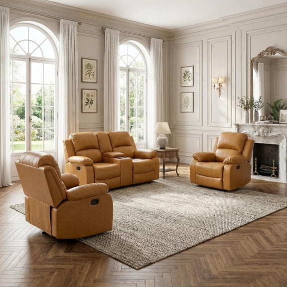 Manual Recliner Sofa Set, Bonded Leather Modern Living Room Furniture Sets, Reclining Couches with Drop-down Table/Cup Holders for Home Bedroom Office Apartment (Ginger, Loveseat+2 Chairs)