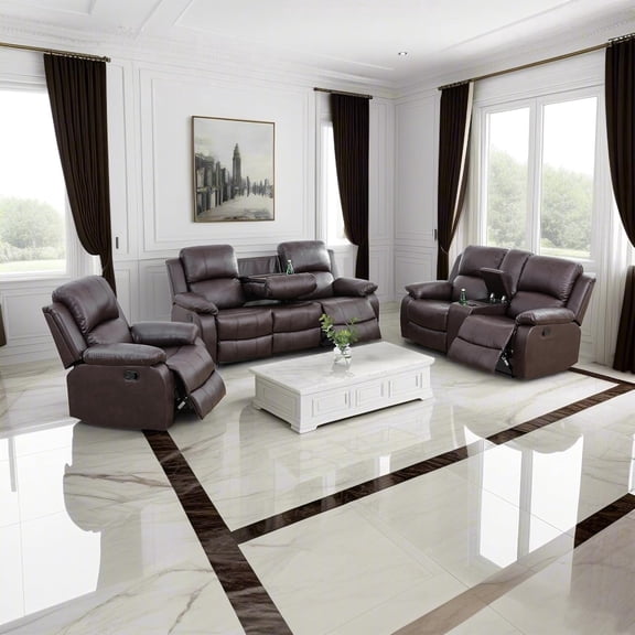 Manual Recliner Sofa Set, Leather Living Room Furniture, Reclining Sofa Couch Set with Cup Holder/Storage Console