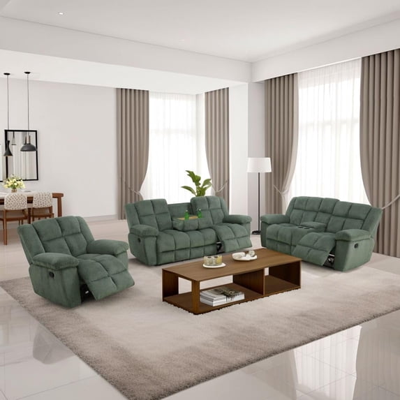 3-Piece Manual Recliner Sofa Set –Green Sofa, Corduroy Sectional Couch with Loveseat, Recliner Chair, Cup Holders, Storage Console & Drop-Down Table – Plush Living Room Furniture