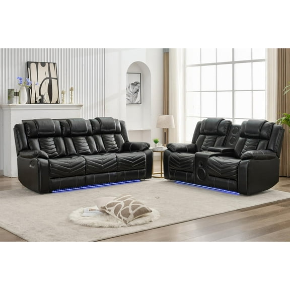 Manual Recliner Sofa Sets with Bass Speaker,Wireless Charger Faux Leather Manual Reclining Living Room Furniture Set