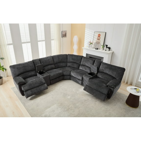 Manual Recliner Sofa Sets with Wireless Charging for Living Room Gray Chenille Electric Home Theater Seating Reclining Sofa with Console Storage