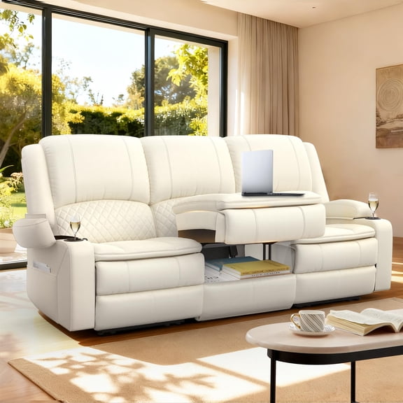 Manual Recliner Sofa with USB and Storage, 3 Seat Push Back Loveseat Recliner with Removable Armrest, Wall Hugger Design, PU White