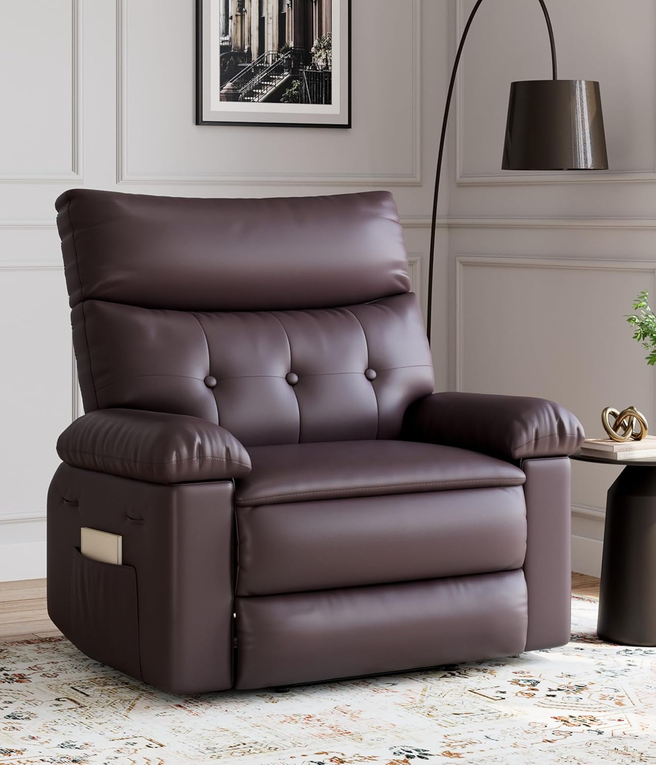 Manual Recliner Swivel Chair with Side Pocket, PU Leather Living Room Recliner, Space-Saving Single Sofa for Bedroom, Nursery & RV