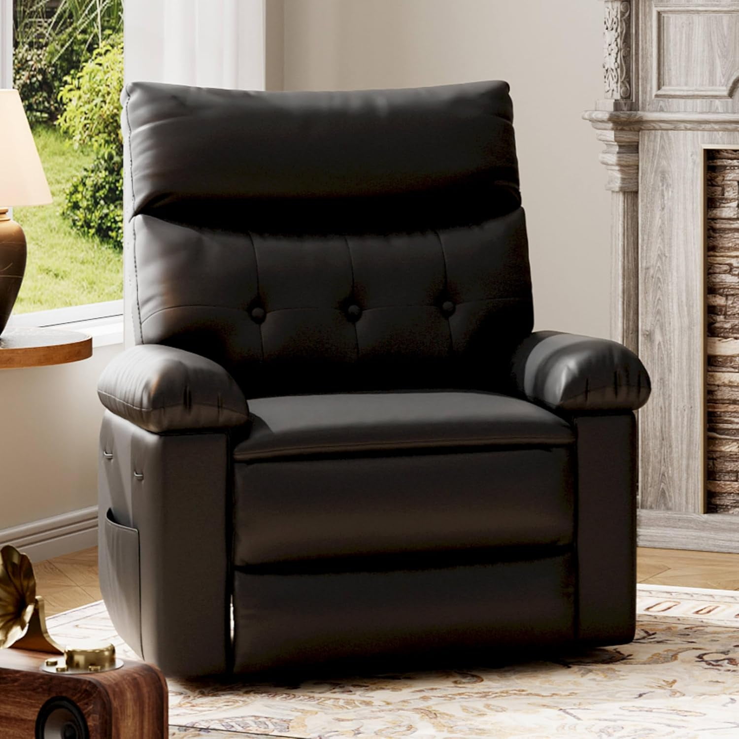Manual Recliner Swivel Chair with Side Pocket, PU Leather Living Room Recliner, Space-Saving Single Sofa for Bedroom, Nursery & RV