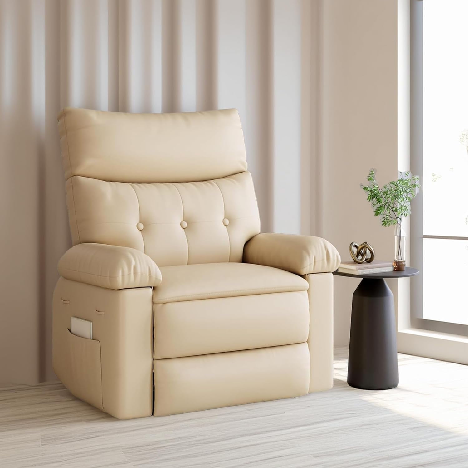 Manual Recliner Swivel Chair with Side Pocket, PU Leather Living Room Recliner, Space-Saving Single Sofa for Bedroom, Nursery & RV