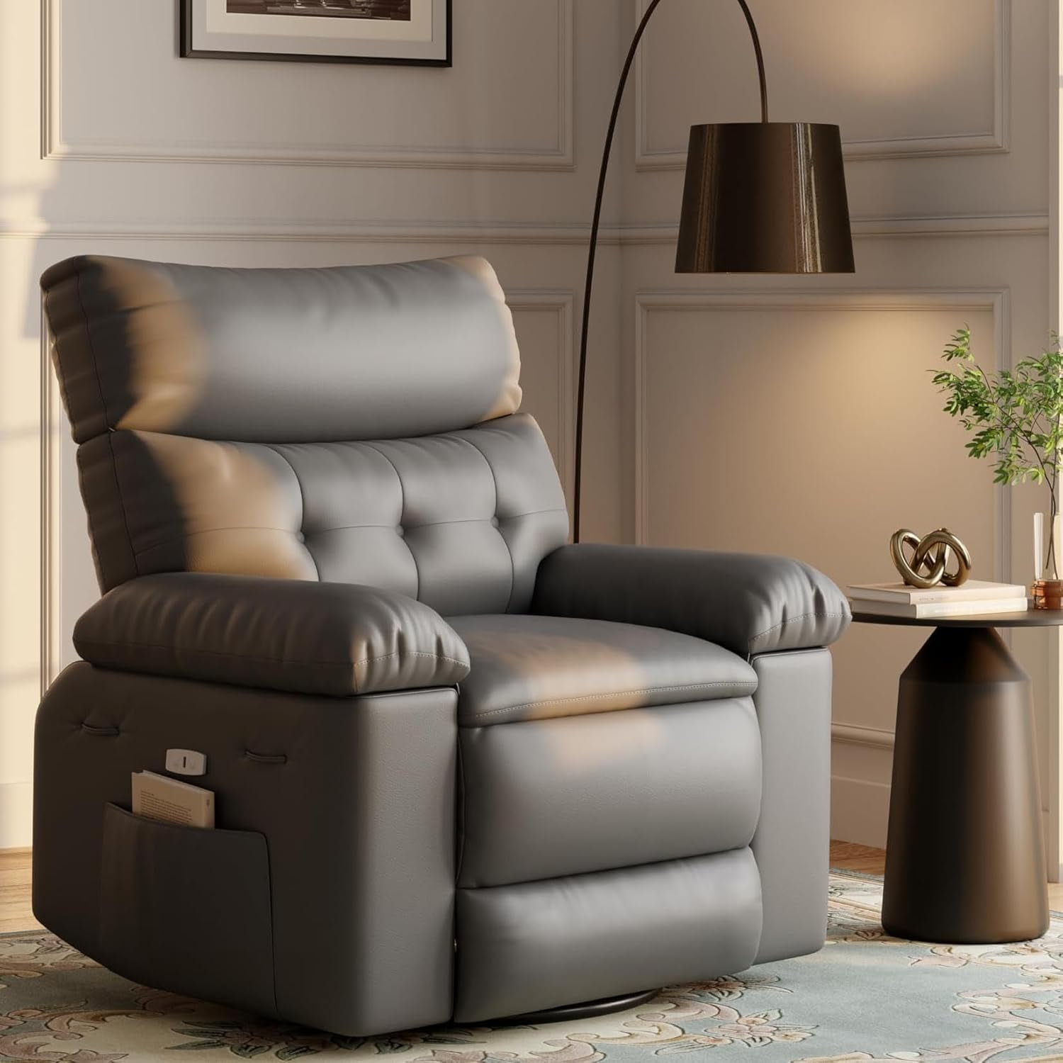Manual Recliner Swivel Chair with Side Pocket, PU Leather Living Room Recliner, Space-Saving Single Sofa for Bedroom, Nursery & RV