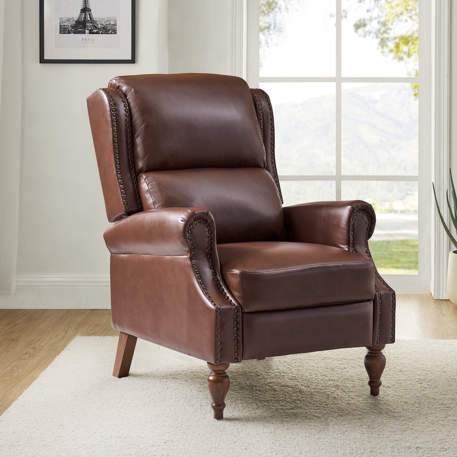 Manual Recliner Vegan Leather Wingback Roll Arm Nailhead Wood Leg Home ...
