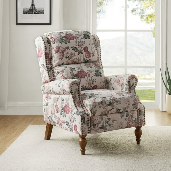 Manual Recliner Wingback Roll Arm Nailhead Wood Leg Home Living Room Bedroom Floral pattern