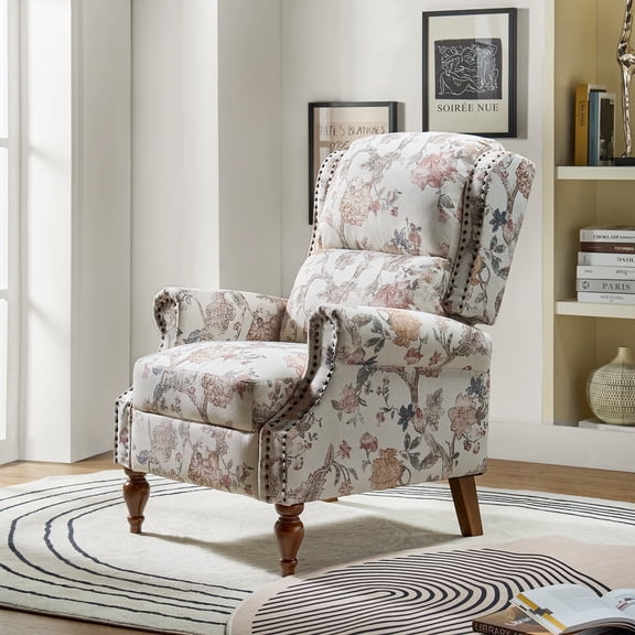 Traditional Manual Recliner Chair Wingback Fabric Accent Chair with Roll Arms and Solid Wood Legs for Living Room Bedroom Home Office, Navy