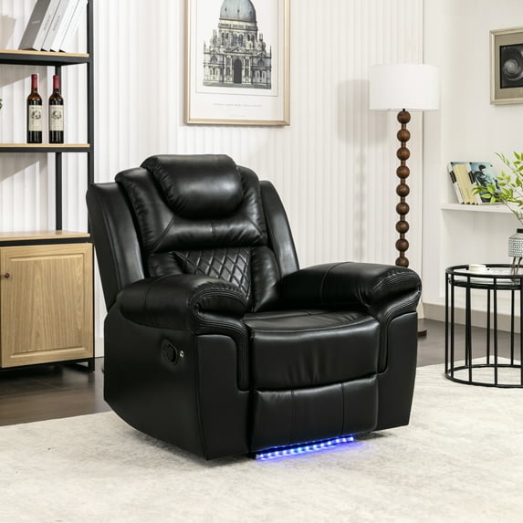 Manual Recliner With Led - Black Faux Leather Home Theater Seating Modern Design