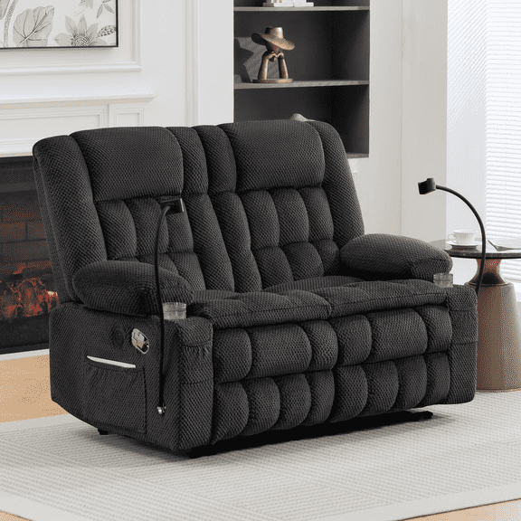 Manual Reclining Loveseat Sofa, Dual Recliner Couch with Cup Holders, USB Charging Ports, Phone Holders,2-Seater Recliner Sofa for Living Room, Apartment, RV or Small Space (Grey)