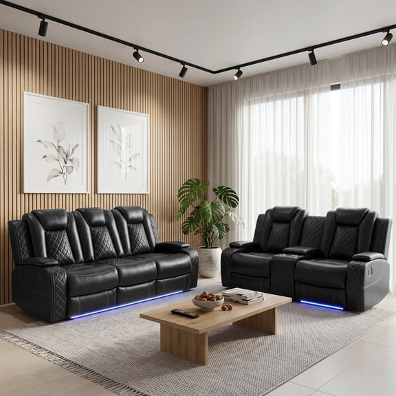 Manual Reclining Sectional Couch 2-Piece Set, Leather Recliner Sofa with Storage Console, Cup Holders and Folding Table, Ideal for Living Room, TV Room, Home Theater Seating - Black