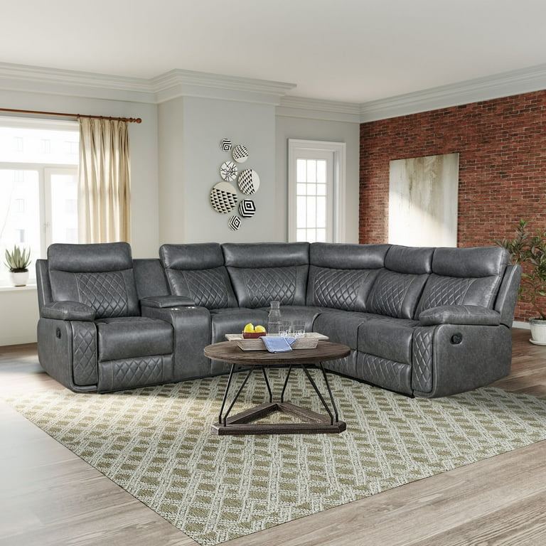 Manual Reclining Sectional Sofa with Cup Holder and Hide Away Storage Modern PU Reclining Sofa Home Theater Seating Manual Recliner Sofa for Living