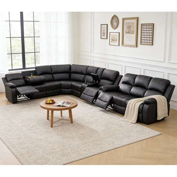 Manual Reclining Sectional Sofa Set for Living Room Furniture Set, L-Shaped Corner Couch and 3 Seat Sofa, Leather Recliner Sofa Set with Coffee Table/Storage/Cup Holder for House/Home Theater(Black)