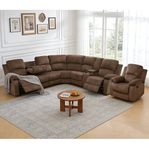 Manual Reclining Sectional Sofa Set for Living Room Furniture Set, L-Shaped Corner Couch and Chair, Fabric Recliner Sofa Set with Coffee Table/Storage/Cup Holder for House/Home Theater(Brown)