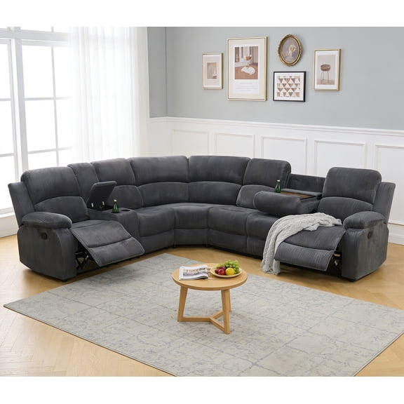Manual Reclining Sectional Sofa Set for Living Room Furniture Set, L-Shaped Corner Couch, Corduroy Fabric Recliner Sofa Set with Coffee Table/Storage/Cup Holder for House/Home Theater(Gray)