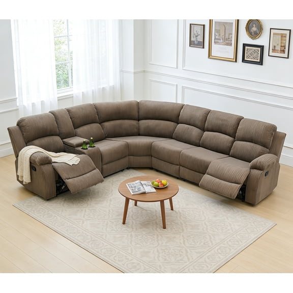 Manual Reclining Sectional Sofa Set for Living Room Furniture Set, L-Shaped Corner Couch, Corduroy Fabric Recliner Sofa Set with Coffee Table/Storage/Cup Holder for House/Home Theater(Brown)
