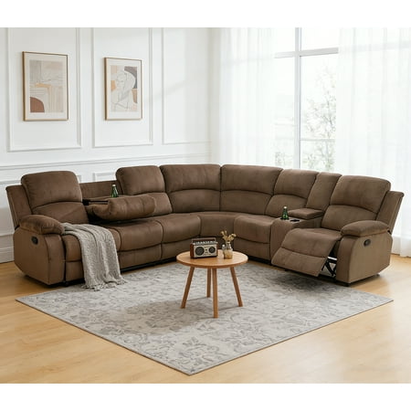 Manual Reclining Sectional Sofa Set for Living Room Furniture Set, L-Shaped Corner Couch, Fabric Recliner Sofa Set with Coffee Table/Storage/Cup Holder for House/Home Theater(Brown)