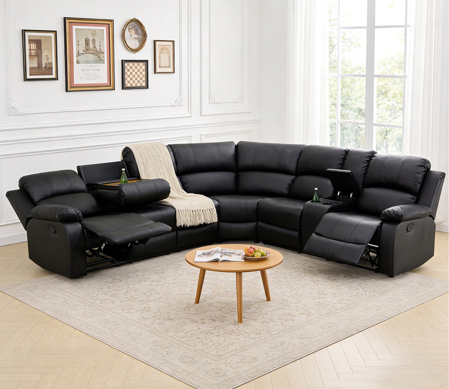 Manual Reclining Sectional Sofa Set for Living Room Furniture Set, L-Shaped Corner Couch, Leather Recliner Sofa Set with Coffee Table/Storage/Cup Holder for House/Home Theater(Black)