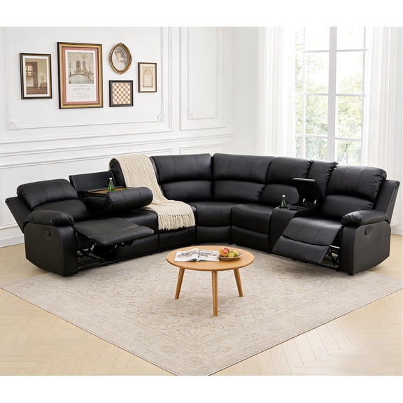 Manual Reclining Sectional Sofa Set for Living Room Furniture Set, L-Shaped Corner Couch, Leather Recliner Sofa Set with Coffee Table/Storage/Cup Holder for House/Home Theater(Black)