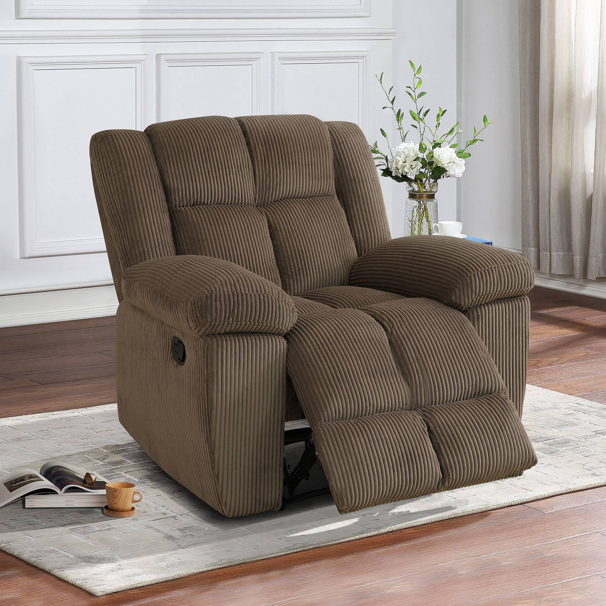 Manual Reclining Sofa, Modern Corduroy Recliner Chair, Comfy Single Sofa Lounge Seating for Small Spaces, Living Room,Brown