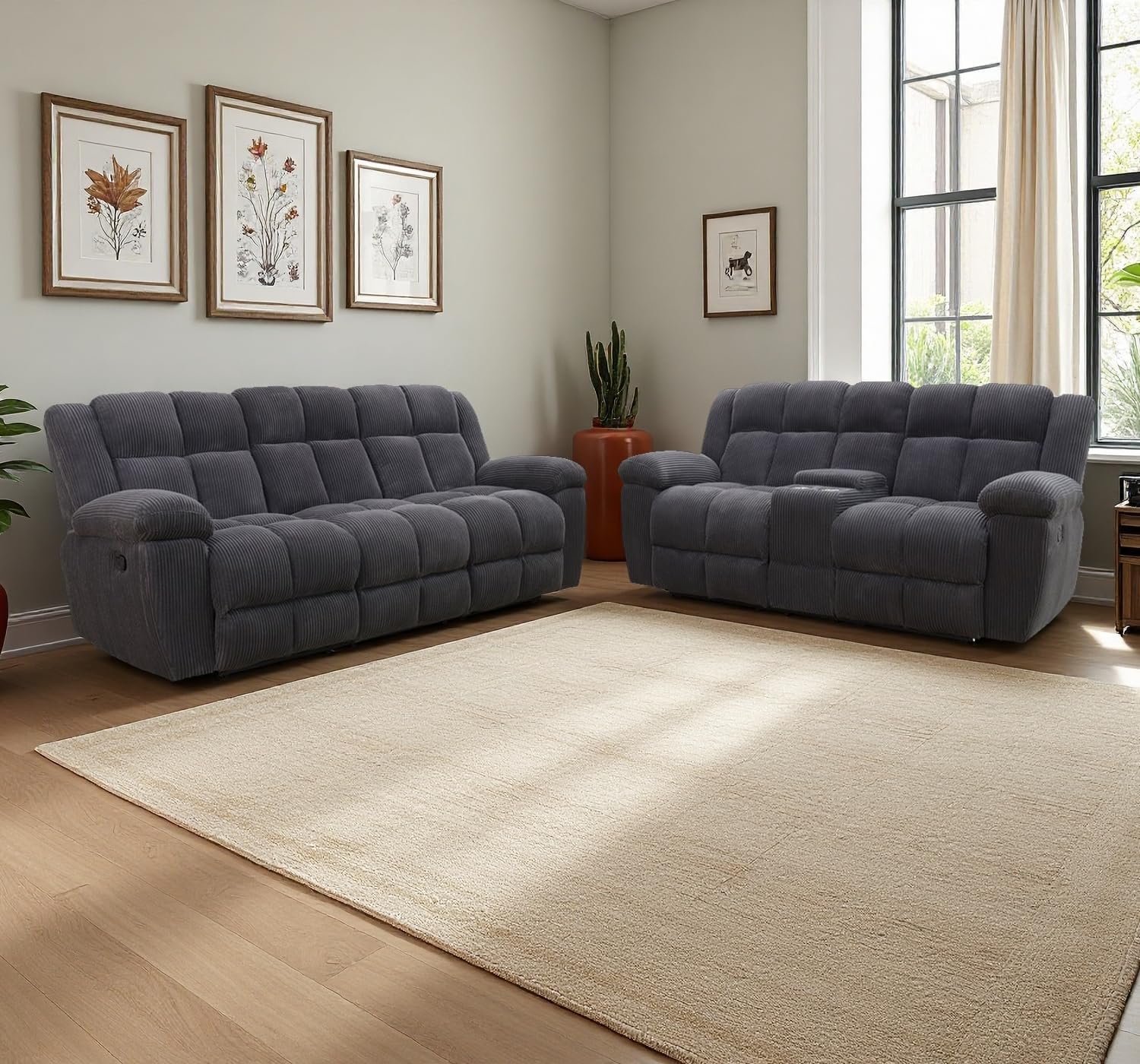 Manual Reclining Sofa Set,Corduroy Recliner Sofa and Loveseat Super Soft Cushion with Storage Console/Cup Holders for Living Room/Theater Seating/Office(Loveseat&Sofa 2Pcs,Gray)