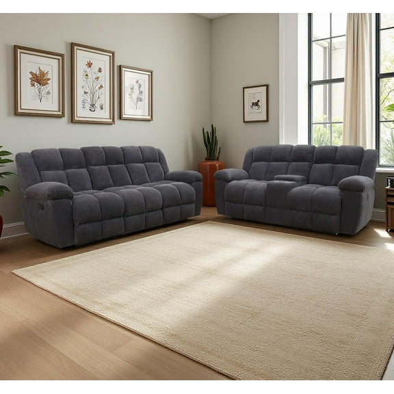 Manual Reclining Sofa Set,Corduroy Recliner Sofa and Loveseat Super Soft Cushion with Storage Console/Cup Holders for Living Room/Theater Seating/Office(Loveseat&Sofa 2Pcs,Gray)