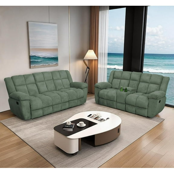 Manual Reclining Sofa Set,Corduroy Recliner Sofa and Loveseat Super Soft Cushion with Storage Console/Cup Holders for Living Room/Theater Seating/Office(Loveseat&Sofa 2Pcs,Gray)