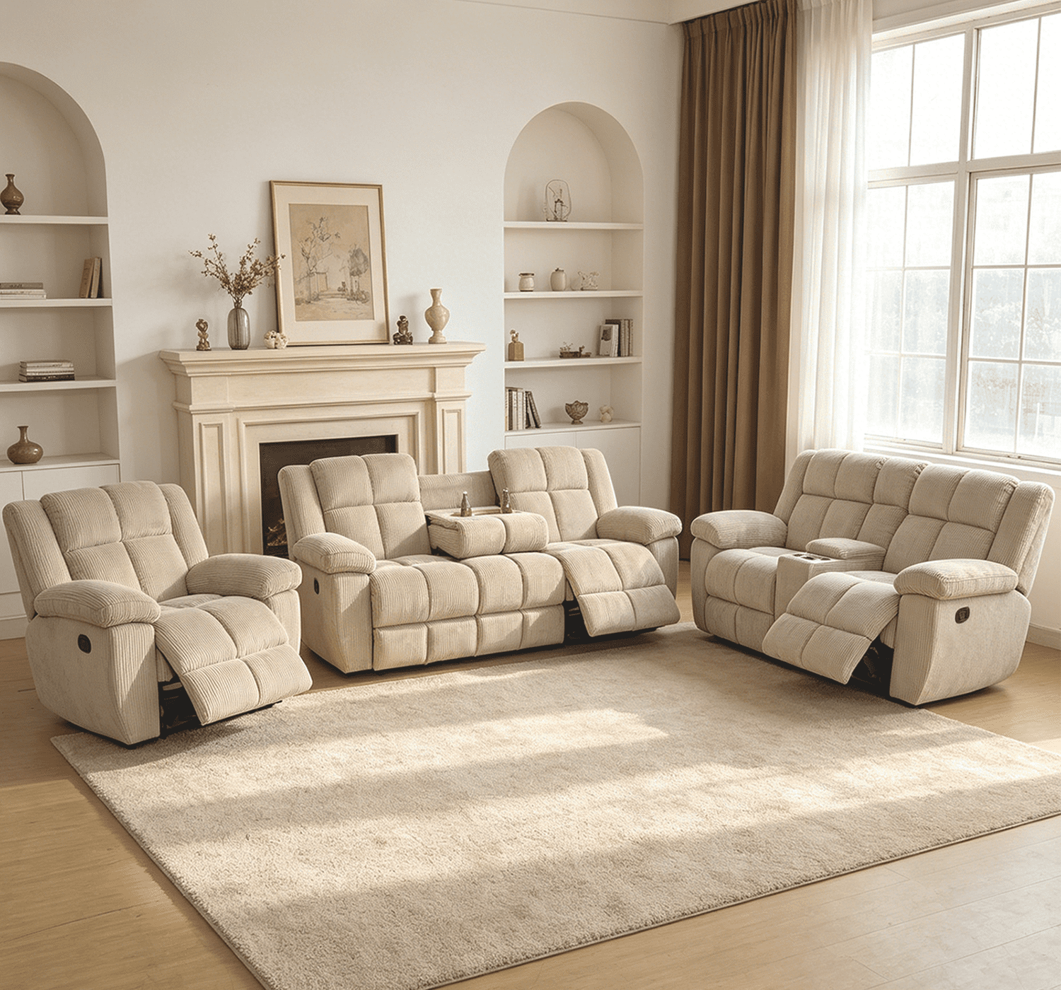 Manual Reclining Sofa Set,Corduroy Recliner Sofa Set with Super Soft Cushion/Storage Console/Drop-down Table/Cup Holders,Recliner Couch Set for Living Room/Theater Seating/Office(3Pcs Set,Gray)