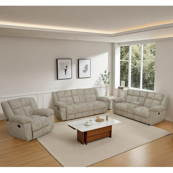 Manual Reclining Sofa Set,Corduroy Recliner Sofa Set with Super Soft Cushion/Storage Console/Drop-down Table/Cup Holders,Recliner Couch Set for Living Room/Theater Seating/Office(3Pcs Set,Gray)